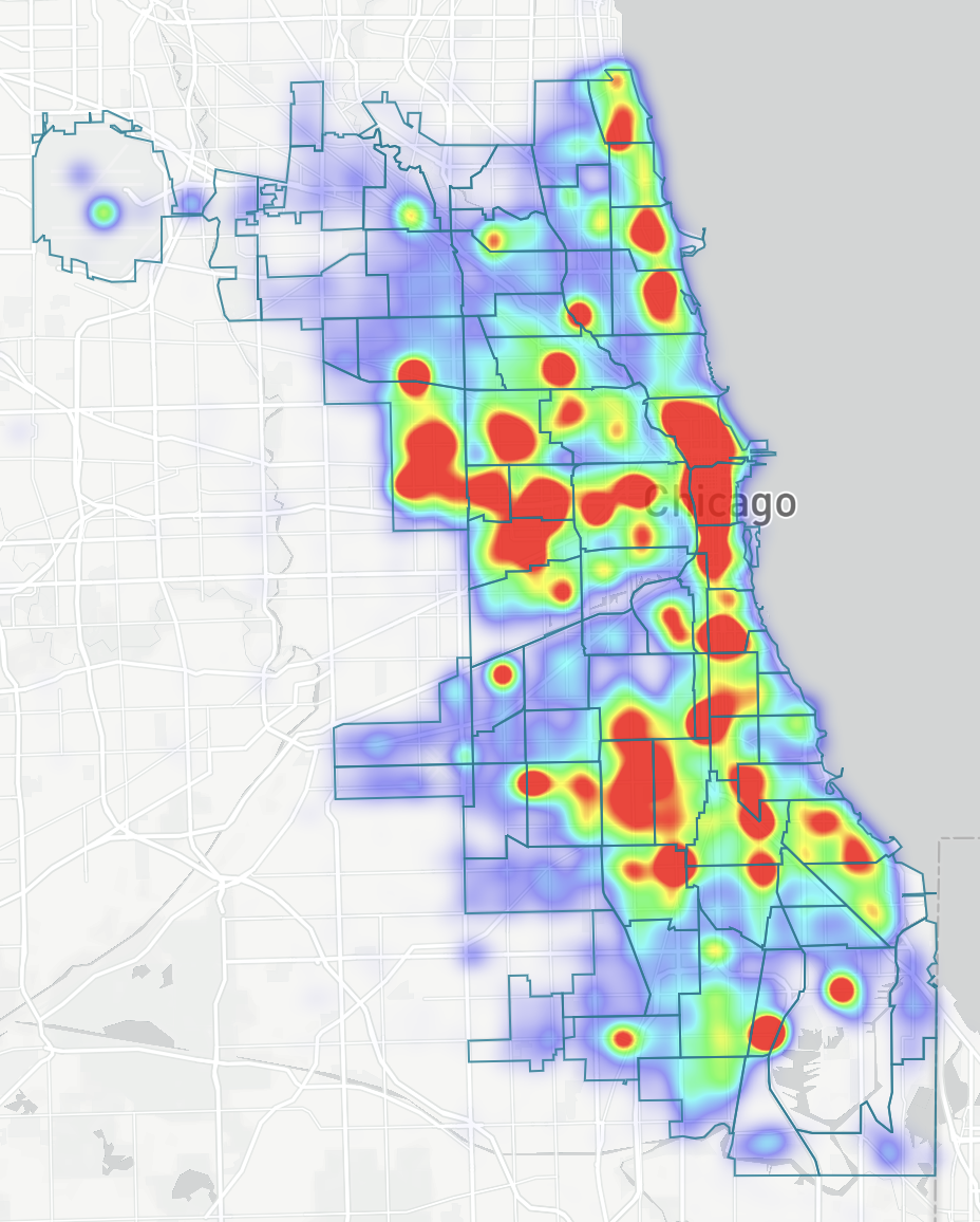 Heatmap of Chicago Police Department complaint density across the city, with the highest concentrations along the Loop, the South Side, and the West Side.