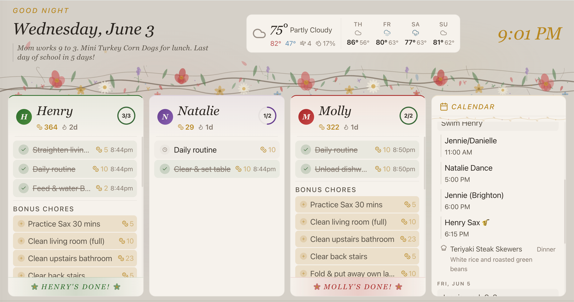 Chores TV dashboard