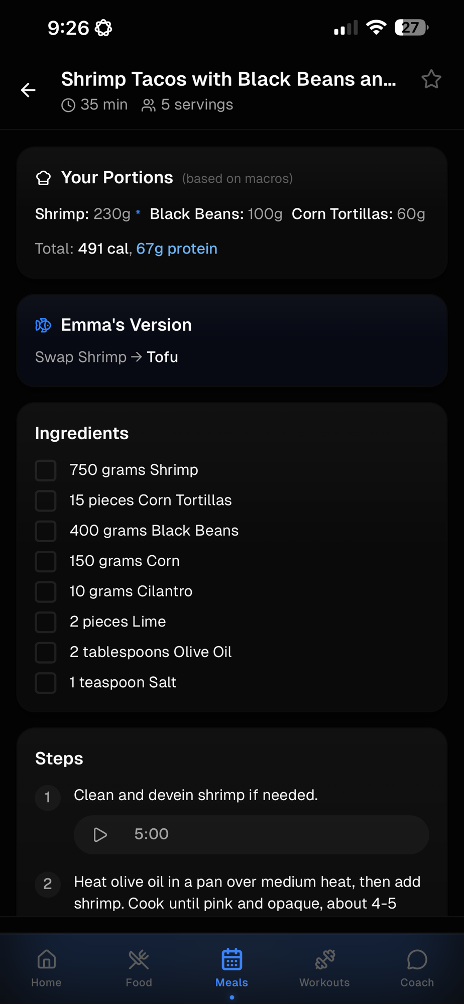 Recipe detail with personalized portions
